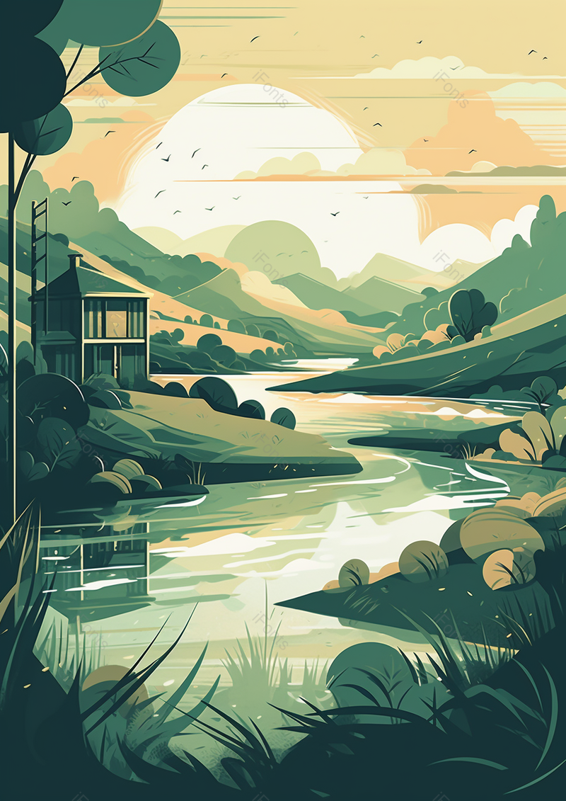 绿色黄色树木房子河流秋分手绘背景,插画/手绘图,插画/手绘图库,插画/手绘图下载,插画/手绘